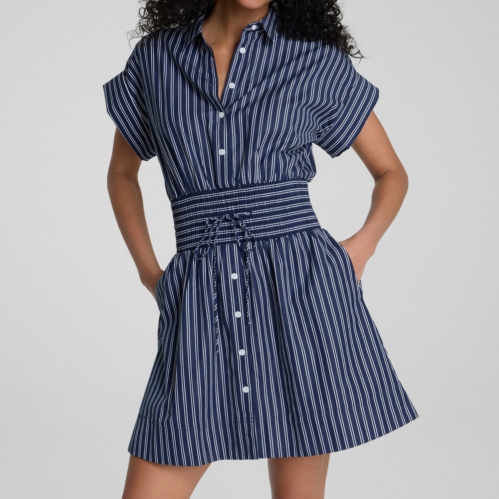 NEW SPANX Poplin Smocked Mini Shirt Dress Timeless Navy Classic White Size 1X